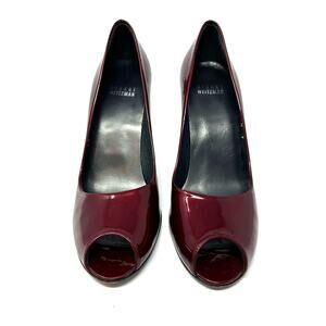 Stuart Weitzman Size 7 Heels Red Glossy Peep Toe Pumps 3.5" High Formal Business